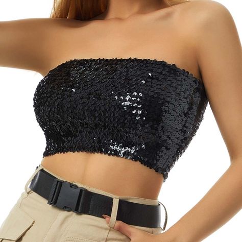 Party Crop Tops, Stretchy Crop Tops, Y2k Outfit Ideas, Strapless Crop Top, Sequin Crop Top, Off Shoulder Crop Top, Top Streetwear, Summer Crop Tops, Club Party