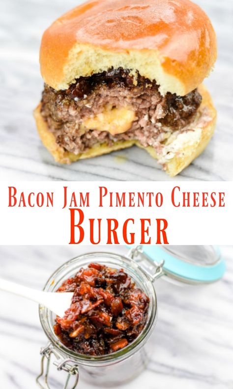 Have you ever made bacon jam? It's easy to make and really adds flavor to my Bacon Jam Pimento Cheese Burgers. The pimento cheese is stuffed inside the burger before grilling. Fire up the grill! You will want to try this burger ASAP. Pimento Cheese Burger, Bacon Burger Recipes, Bacon Jam Burger, Cheese Burgers, Homemade Bacon, Pimento Cheese Recipes, Super Club, Grilled Food, Burger Night