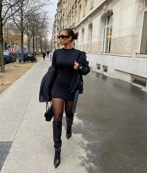 Sleek Birthday Outfit, Ny Dinner Outfit, Black Dress With Over The Knee Boots, Leather Heel Boots Outfits, Black High Boots Outfit Fall, Black Tall Heel Boots Outfit, Knee High Boots Outfit Winter Night Out, Knee High Boots Club Outfit, Long High Heels Boots Outfit