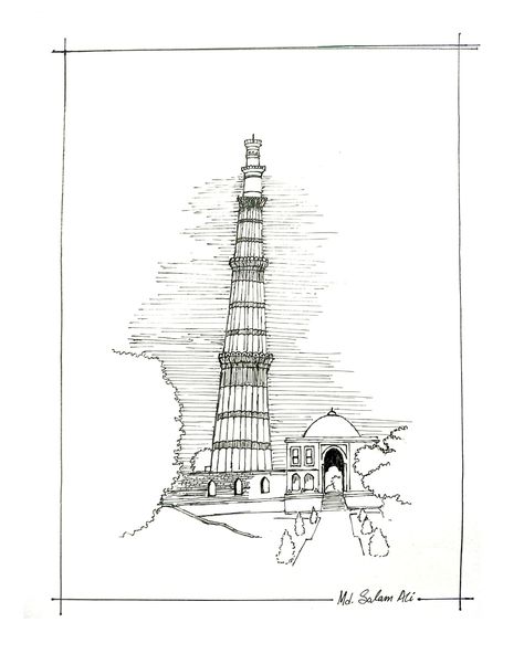 Kutub Minar Drawing, Qutub Minar Sketch, Kutub Minar, Delhi Monuments, Cityscape Drawing, Architecture Sketchbook, Illustration Art Drawing, Sketches Simple, Art Competitions