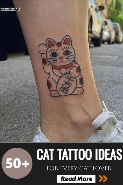 Elegant lucky cat tattoo ink with bold, vibrant colors. Lucky Kitty Tattoo, Lucky Fish Tattoo, Lucky Cat Tattoo Design, Good Luck Cat Tattoo, Lucky Cat Tattoo Traditional, Chinese Cat Tattoo, Fortune Cat Tattoo, Japanese Lucky Cat Tattoo, Lucky Cat Drawing