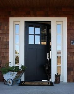 blue door cedar siding Unique Front Doors, Black Front Door, 브로셔 디자인, Black Front Doors, Front Doors With Windows, Front Door Colors, Front Door Design, Glass Front Door, Black Doors