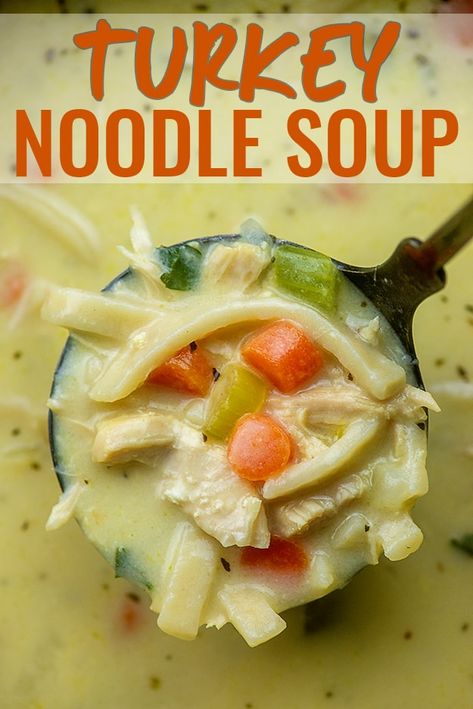 Turkey Noodle Soup is a quick way to use up that leftover turkey! Thick, creamy, and packed with veggies! #turkeynoodlesoup #souprecipe #turkey Turkey Noodles Recipe, Turkey Noodle Soup Homemade, Creamy Turkey Noodle Soup, Homemade Turkey Soup, Soup Turkey, Leftover Turkey Soup, Turkey Noodle Soup, Turkey Soup Recipe, Crockpot Turkey