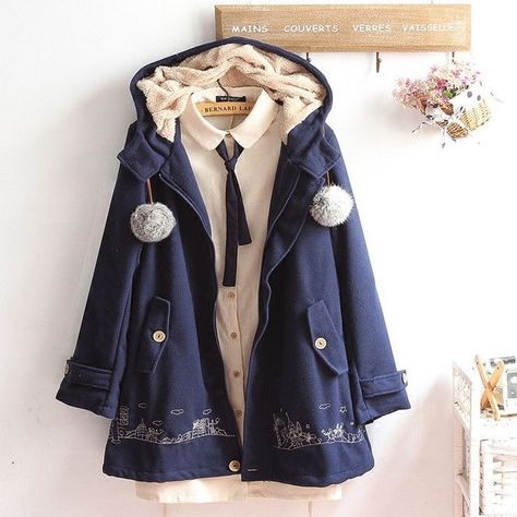 Áo Blu, Kawaii Fashion Outfits, Winter Cap, Hoodie Coat, Kawaii Clothes, Harajuku Fashion, Hooded Coat, Teen Fashion Outfits, Lolita Fashion