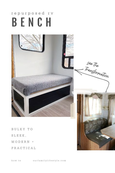 See how we repurposed the bulky RV dinette bench into a sleek, modern and practical seating and storage space in our renovated travel trailer. Dining Bench With Storage, Rv Dinette, Diy Bench Seat, Rv Cabinets, Bench And Table, Redoing Furniture, Rv Interior Remodel, Diy Storage Bench, Storage Bench Seating