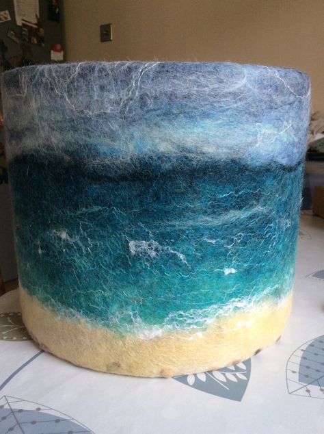 Felted Lampshade, Lampshade Painting, Felt Lampshade, Felt Ocean, Felt Landscapes, Felt Bowls, Felt Wall Hanging, Felted Bowls, Lampshade Makeover