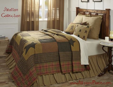 Stratton Bedding Collection/ Like us on Facebook!  https://www.facebook.com/AllysonsPlaceDecor / #Primitive #country #Cabin Mustard Bedding, Primitive Stars, Country Bedding, Primitive Quilts, Vhc Brands, Country Quilts, 아파트 인테리어, Primitive Decorating Country, Twin Quilt