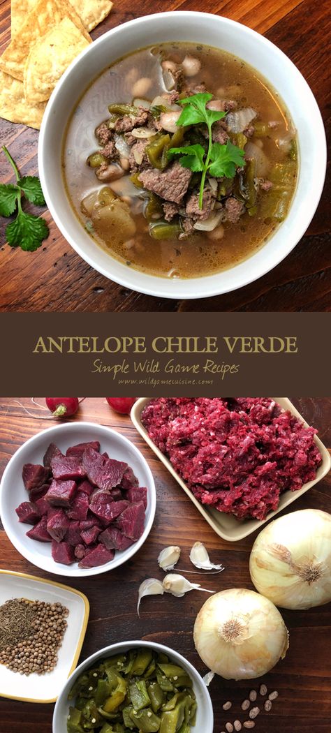 Antelope Chile Verde featuring Ground + Cubed + Pinto Beans. Simple ingredients that create a complex blend of flavor. Pronghorn Antelope Recipes, Antelope Roast Recipes, Antelope Chili Recipe, Antelope Recipes, Hunting Recipes, Green Chili Stew, Eating Games, Elk Recipes, Pronghorn Antelope