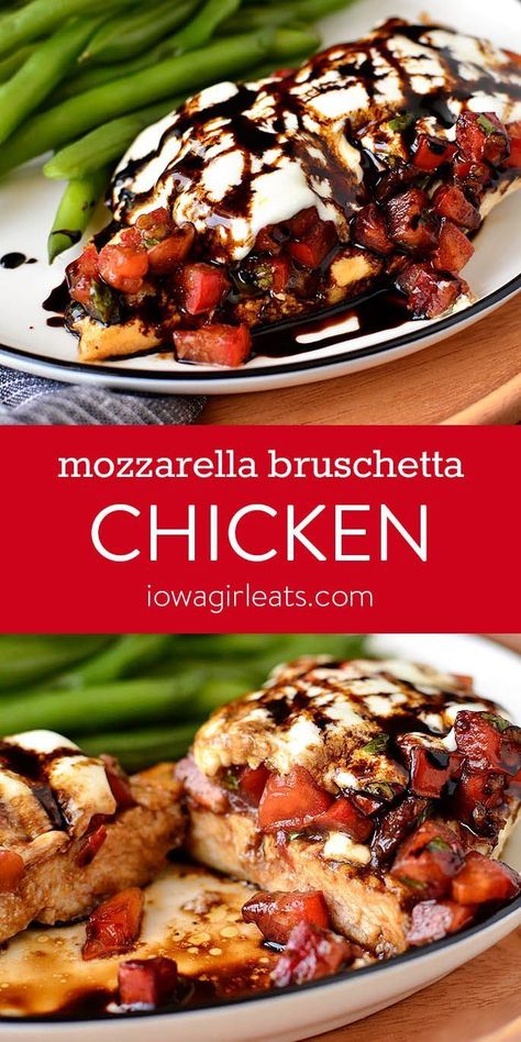 Mozzarella Bruschetta Chicken is an easy, gluten free dinner recipe that pairs the craveable flavors of fresh bruschetta with chicken and mozzarella cheese. | iowagirleats.com #glutenfree Mozzarella Bruschetta, Chicken And Mozzarella, Fresh Bruschetta, Easy Gluten Free Dinner, Wallpaper Food, Gluten Free Dinner Easy, Mozzarella Recipes, Bruschetta Chicken, Mozzarella Chicken