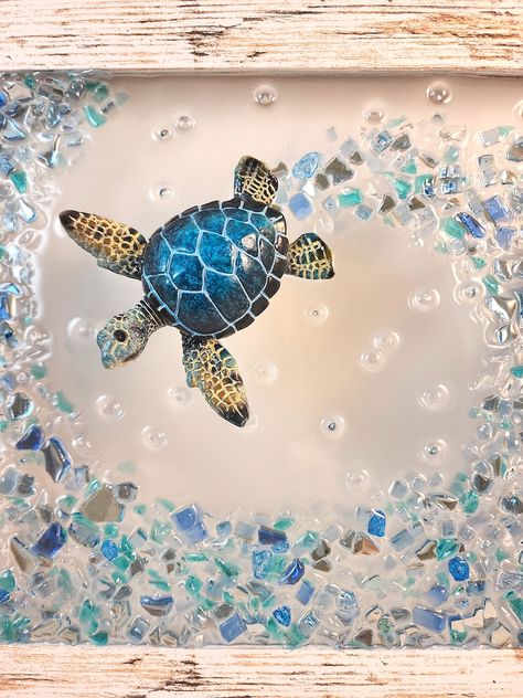 Crushed Glass Art, Blue Sea Turtle, Resin Beach, Beach House Wall Decor, Sea Turtle Art, Glass Window Art, Beach Glass Art, Tropical Wall Art, Turtle Art