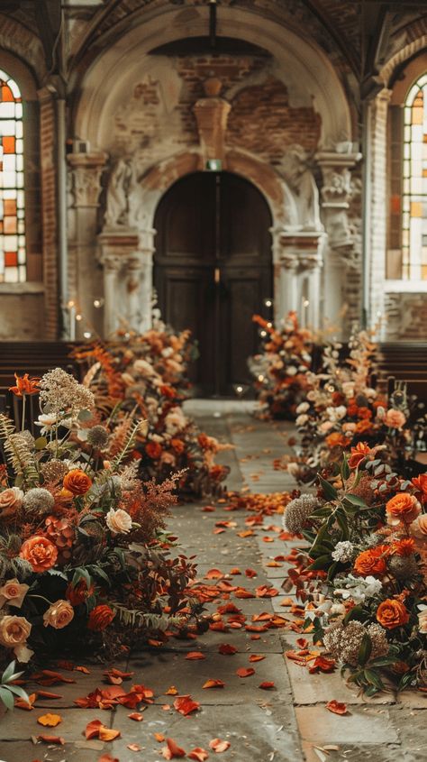 40+ Fall Wedding Ideas That Will Inspire You (Cake, Aisle, Table, Ceremony Decor, And More!) Fall Wedding Flowers Ceremony Decor, Indoor Autumn Wedding, Wedding Autumn Decoration, Wedding Autumn Ideas, Autumn Wedding Aisle, Fall Wedding Aisle Decor, Thanksgiving Wedding Ideas, Fall Theme Decor, Pumpkin Patch Wedding