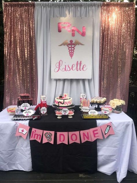 Nurse , RN Graduation/End of School Party Ideas | Photo 4 of 6 Rose Gold Nursing Graduation Party, Elegant Nursing Graduation Party, Nurse Birthday Party Ideas, Graduation Party Ideas For Nurses, Nursing Dessert Table, Retirement Party For Nurse, Retirement Party Ideas For Nurses, Nurse Retirement Party Ideas Decorations, Nursing Retirement Party Ideas