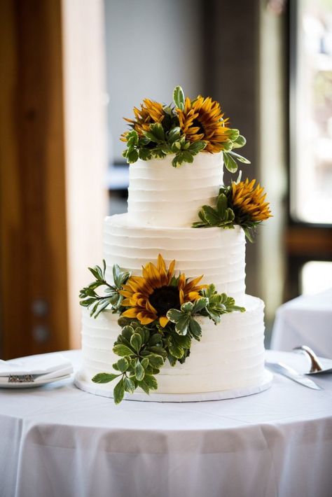 simple sunflower and green leaves wedding cakes Sunflower Wedding Ideas, Sunflower Wedding Cake, Wedding Cake Options, Sunflower Wedding Decorations, Rustic Summer Wedding, Summer Wedding Cakes, Sunflower Themed Wedding, Sunflower Wedding Bouquet, Brides Cake