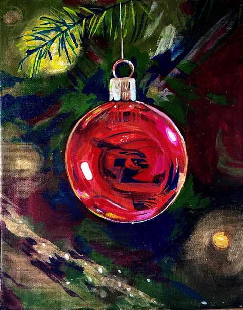 Painting Of Ornaments, Acrylic Christmas Cards, Christmas Window Painting, Red Christmas Ornaments, Christmas Paintings On Canvas, Paint Drawing, Christmas Artwork, Winter Watercolor, Christmas Painting