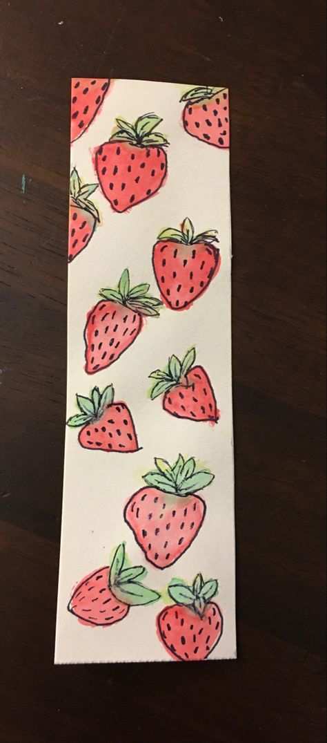 Book Mark Painting Easy, Kiwi Bookmark, Cherry Bookmark, Easy Watercolor Paintings Bookmark, Bookmarks Fruit, Strawberry Bookmark, Strawberry Drawing, Strawberry Watercolor, Homemade Bookmarks