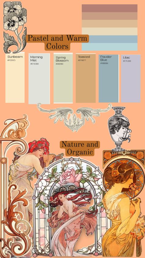 Mood Board Art Nouveau Mood Board, Warm Colors, Art Nouveau, Mood Board, Lilac, Wedding Planning, Blossom, Pastel, Color