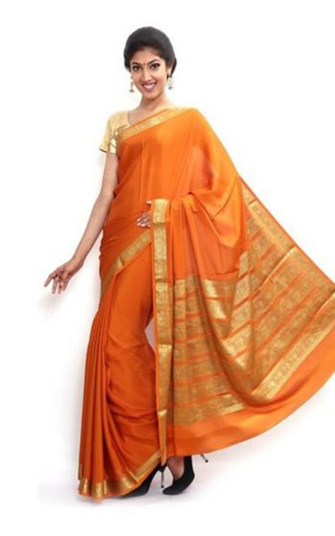 Orange Color Plain Mysore Silk Saree with Golden Grand Pallu. Latest Mysore Silk Saree, Semi Mysore Silk Saree, Ksic Mysore Silk Saree Blouse, Mysore Silk Saree Colours, Orange Mysore Silk Saree, Mysore Silk Saree, Color Plain, Mysore Silk, Indian Saree