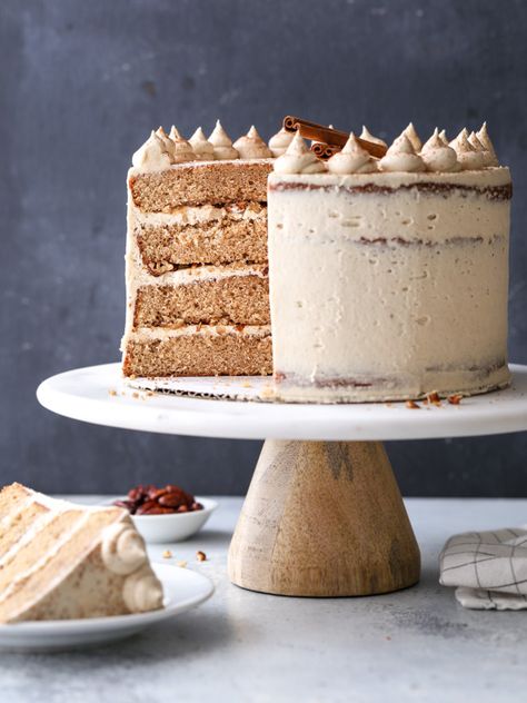 Easy Three Layer Cake, Cinnamon Layer Cake, Spice Layer Cake, Fluffy Buttercream Frosting, Cinnamon Simple Syrup, Brown Sugar Cakes, Fancy Birthday, Completely Delicious, Pear Cake