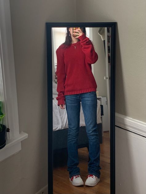 Red Shirt And Blue Jeans Outfit, School Cold Weather Outfits, Red Crew Neck Outfit, Red Sweater Blue Jeans Outfit, How To Style Red Long Sleeve Shirt, Red Shirt Jeans Outfit, Red Shirt Winter Outfit, Red Shirt With Jeans Outfit, Red Long Sleeve Shirt Outfit Aesthetic