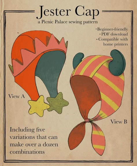 This cap pattern will help you make the perfect hoods for all your jester nonsense. It comes with two variations and two optional add-ons (horns and star tabs!), so you can use these instructions again and again to really build out your costume trunk. It is very beginner-friendly, and I'd definitely recommend it for anyone who's looking for a fun first project. Sewing Project Clothing, Fabric Hat Pattern, Beanie Pattern Free Sewing, Stuff To Sew Easy, Jellyfish Sewing Pattern, Bijoukitty Plush Pattern, Free Sewing Patterns Accessories, Jester Hat Sewing Pattern, Jester Collar Pattern