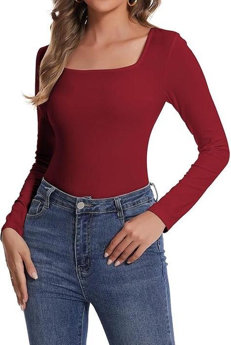 SHAPERIN Women Long Sleeve T-Shirt Elegant Square Neck Top Blouse Plain Stretchy Shirt Casual Tee, Wine Red, M : Amazon.co.uk: Fashion Square Neck Tops, Meghan Markle Outfits, Blazer Cardigan, Shirt Elegant, Wine Shirts, Square Neck Top, Long Sleeve Tops Casual, Elegant Blouses, Tops Casual