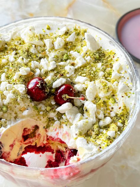 Cherry trifle with pistachio and rosemary crumble | Ottolenghi Recipes Summer Buffet Food Ideas, Summer Christmas Dessert, Boozy Trifle, Cherry Trifle, Dinner Party Dessert, Brunch Salad, Amazing Rooms, Ottolenghi Recipes, Summer Eats