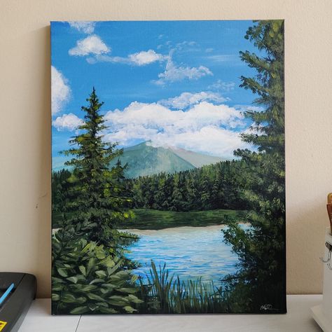 Acrylic painting of Bear Lake, CO Mountain Lake Painting Acrylic, Mountain And Lake Painting Easy, Ocean And Mountain Painting, Realistic Acrylic Painting Landscape, Colorado Landscape Paintings, Colorado Painting Ideas, Easy Mountain Painting, Long Canvas Painting, Mountain Scenery Painting