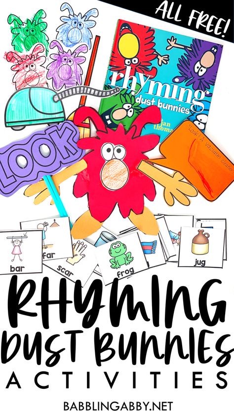 Rhyming Dust Bunnies, Rhyming Activities Preschool, Rhyming Words Activities, Rhyming Preschool, Bunny Activities, Rhyming Riddles, Rhyming Games, Fun Classroom Ideas, Dust Bunnies