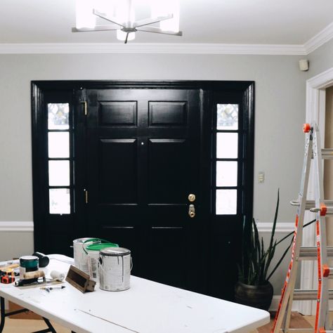 Black Interior Front Door Entry Ways, Black Front Door Interior Entryway, Interior Front Door Black, Black Front Door Interior, Black Interior Front Door, Front Doors Painted Black, Restoration Hardware Diy, Foyer Paint Colors, Painted Exterior Doors