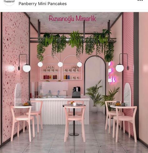 Small Cute Cafe Ideas, Pastel Interior Design Cafe, Bakery Accent Wall, Cake Shop Interior Design Ideas, Pink Cafe Interior Design, Crepe Shop Interior Design, Fun Bakery Interior, Tea Restaurant Design, Small Cafe Kitchen Layout