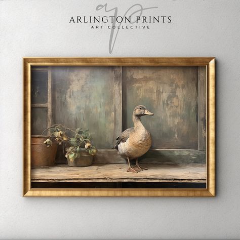 "Title: \"Rustic Duck\" Style: Vintage-Inspired Oil Painting, Muted Green Wall Art, Cabin Art, Rustic Art Print, Farmhouse Decor, Digital Art, Instant Download With this purchase, you will receive 6 𝐉𝐏𝐆 𝐟𝐢𝐥𝐞𝐬 in 𝐇𝐢𝐠𝐡 𝐑𝐞𝐬𝐨𝐥𝐮𝐭𝐢𝐨𝐧 (300 DPI or more) that are able to print the following sizes in amazing quality: ◆ 2:3 ratio file to print: Inch: 4x6, 6x9, 8x12, 10x15, 12x18, 14x21, 16x24 (up to 41x61 cm) ◆ 3:4 ratio file to print: Inch: 3x4, 6x8, 9x12, 12x16, 15x20, 18x24 (up to Vintage French Farmhouse, French Country Art, Duck Painting, Vintage Duck, Cabin Art, Muted Green, Muted Color Palette, Rustic Art, Green Wall Art