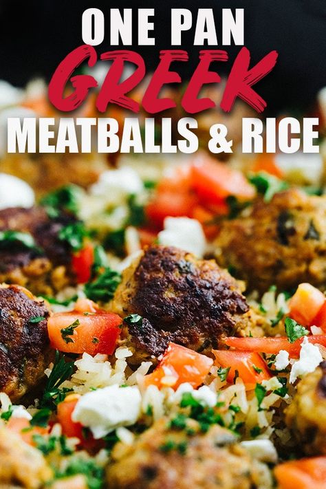 This greek turkey meatball and Lemon rice skillet is a serious explosion of flavor! The meatballs are super tender without the use of breadcrumbs and are also perfect for gyros if made without the rice. It's a perfect one pan meal, topped with feta, tomatoes and parsley! #greek #turkey #meatballs Healthyish Recipes, Chicken Marinate, Greek Turkey Meatballs, Easy Skillet Dinner, Greek Lemon Rice, Greek Turkey, Oven Meals, Meatballs And Rice, Greek Foods