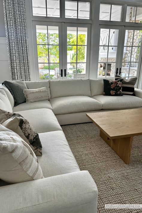 New Family Room Couch - The Sunny Side Up Blog Facing Couches Living Room, Couch In Front Of Sliding Glass Door, Couch Set Up Layout, Family Rooms With Sectionals, Nice Couches, Arhaus Kipton, Arhaus Living Room Inspiration, Arhaus Living Room, Family Room Couch