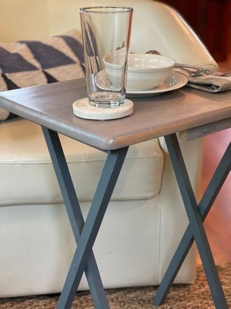 AN EASY WAY TO MAKEOVER AN OLD WOOD TV TRAY TABLE - Saved from Salvage Diy Tv Table Trays, Upcycle Tv Tray, Wood Tv Trays Makeover, Tv Tray Makeover Diy, Farmhouse Tv Trays, Tray Table Makeover, Painted Tv Trays, Wooden Tv Trays, Tv Tray Makeover