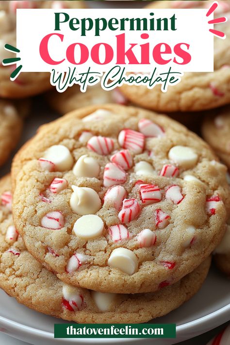 White Choc Peppermint Cookies, White Peppermint Cookies, White Chocolate Chip Cookies Christmas, White Chocolate And Peppermint Cookies, White Chocolate Chip Candy Cane Cookies, Peppermint White Chocolate Chip Cookies, Christmas Cookies With White Chocolate Chips, White Chocolate Dipped Ginger Cookies, Cookies With Candy Cane Pieces