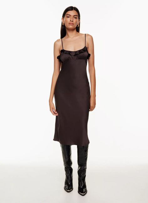 OVATION DRESS | Aritzia Carrot Pants, Glossier Look, Shimmer Dress, Midi Slip Dress, Ruffled Neckline, Long Jeans, Vintage Boots, Pleated Pants, Cozy Knits