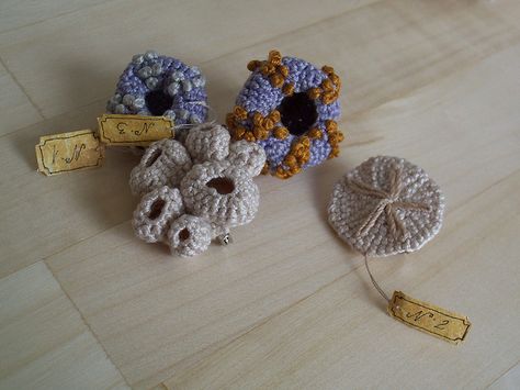 Barnacles for the pirate ship Crochet Barnacles, Crochet Sand Dollar, Textiles Sketchbook, Crocheted Jellyfish, Crochet Fish, Sea Urchins, Form Crochet, French Knots, Sand Dollar