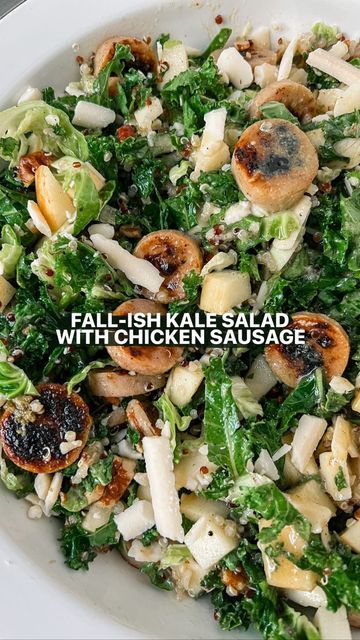 cayla atha 🫶🏼 healthy living on Instagram: "FALL-ISH KALE SALAD WITH CHICKEN APPLE SAUSAGE • It’s fall it’s fall I don’t care what they say! Toss the calendar and delete your weather app because if it’s after Labor Day and under 90º I say, it’s fall yall! 😂🙌🏼 taste the flavors of (pre)fall with crunchy kale and shaved Brussels sprouts, sweet and savoy chicken apple sausage, creamy white cheddar and a honey dijon vinaigrette! here’s what you’ll need: 1 cup shredded kale 1 cup shredded brusse Crunchy Kale, Sausage Salad, Chicken Sausage Recipes, Chicken Apple, Salad With Chicken, Honey Mustard Vinaigrette, Chicken Apple Sausage, Dijon Vinaigrette, Shredded Brussel Sprouts