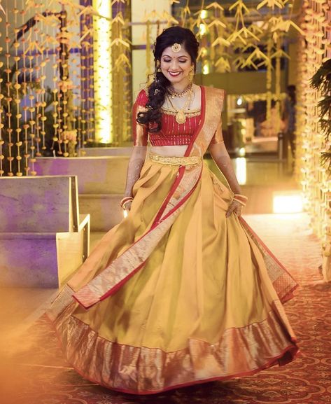 Yellow Half Saree, Lehenga Gown, Saree Dress, Red And Yellow, Half Saree, Blouse Designs, Lehenga, Silk Sarees, Saree