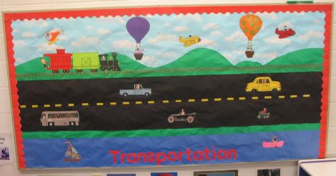 Our bulletin board for the transportation unit features the many different forms of transportation.  If you look closely, you will see that ... Transportation Preschool Activities, Transportation Theme Preschool, Transportation Unit, Welcome To Kindergarten, Transportation Activities, Reading Bulletin Boards, Transportation Crafts, Transportation Preschool, Learning And Growing