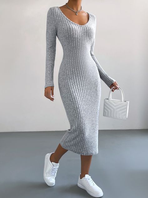 Ribbed Knit Bodycon Dress, Long Knitted Dress, Ribbed Dress, Ribbed Knit Dress, High Waist Fashion, Ținută Casual, Maxi Knit Dress, Daily Dress, Long Sleeve Midi