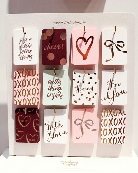 Gift Tag Display, Stationary Ideas, National Stationery Show, Craft Market Display, Foil Tags, Valentines Illustration, Market Display, Small Business Packaging Ideas, Birthday Tags