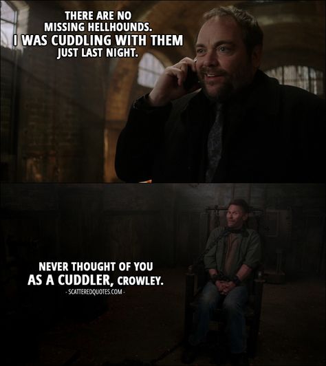 Quote from Supernatural 12x21 │  Crowley (on the phone with Sam): There are no missing hellhounds. I was cuddling with them just last night. Lucifer: Never thought of you as a cuddler, Crowley. Best Supernatural Quotes, Lucifer Supernatural, Supernatural Lucifer, Crowley Supernatural, Supernatural Bloopers, Supernatural Tumblr, Spn Memes, Supernatural Tattoo, One Liners