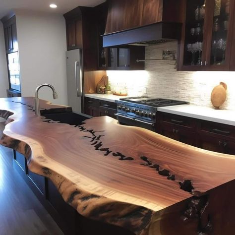 Modern Wood Countertops, Live Edge With Epoxy, Wood And Resin Countertops, Wood Waterfall Countertop, Live Edge Kitchen Countertops, Live Edge Countertop Kitchen, Epoxy Countertop Wood, Wood Epoxy Countertop, Resin Kitchen Countertops