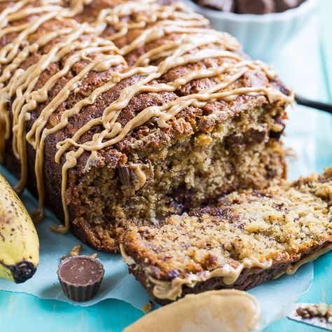 Peanut Butter Cup Banana Bread - Spicy Southern Kitchen Peanut Butter Cup Banana Bread, Cup Banana Bread, Triple Chocolate Banana Bread, Butter Banana Bread, Spicy Southern Kitchen, Peanut Butter Banana Bread, Biscuit Rolls, Southern Kitchen, Chocolate Banana Bread