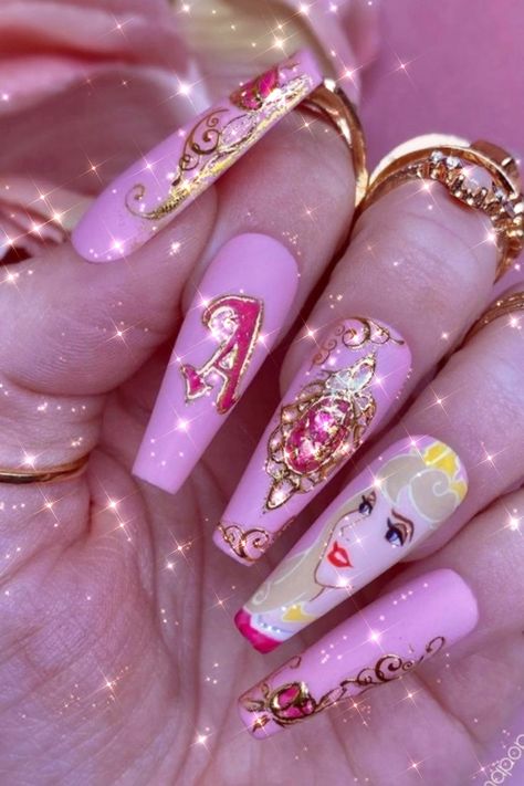 Sleeping Beauty Nails Acrylic, Sleeping Beauty Inspired Nails, Sleeping Beauty Nails Aurora, Fairytale Nail Designs, Sleeping Beauty Nail Art, Aurora Sleeping Beauty Nails, Princess Aurora Nails, Disney Nails Princess, Princess Nails Acrylic