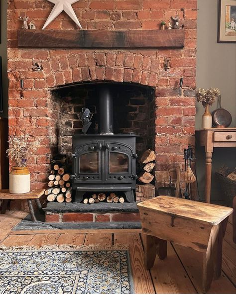 Fireplace Log Burner, Brick Fireplace Log Burner, Exposed Red Brick, Red Brick Fireplace, Exposed Brick Fireplaces, Stove Decor, Wood Burner Fireplace, Wood Stove Hearth, Wood Burning Stoves Living Room