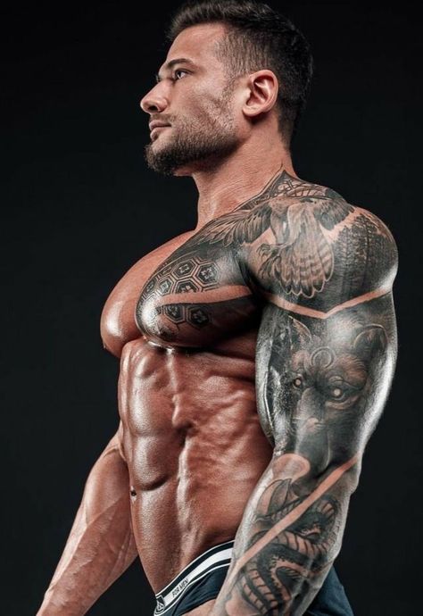 Tattooed Guys, Chest Workout For Men, Tattooed Men, Muscle Tattoo, Gym Guys, Ripped Body, Hunks Men, Testosterone Booster, Masculine Men