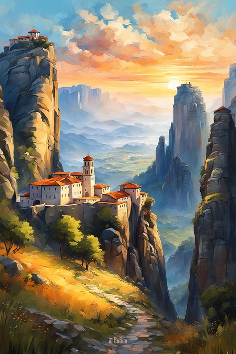 Mystical Monasteries: Digital Art Inspired by the Scenic Landscapes of Northern Greece Fantasy Monastery, Fantasy Castles, Northern Greece, Cityscape Art, Fantasy Castle, Architect House, Scenic Landscape, Fantasy Artwork, In The Mountains