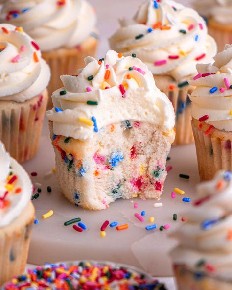 Funfetti Cupcakes - In Bloom Bakery Funfetti Cupcakes Aesthetic, Confetti Cake Cupcakes, Funfetti Cupcake Recipe, Funfetti Cookie Dough, Funfetti Frosting, White Chocolate Buttercream Frosting, In Bloom Bakery, Bloom Bakery, Cookie Dough Filling